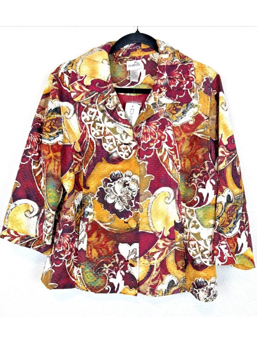 Chico’s Womens Sz 2 Floral Paisley Blazer Jacket Cotton Silk NWT Boho Artsy Chic